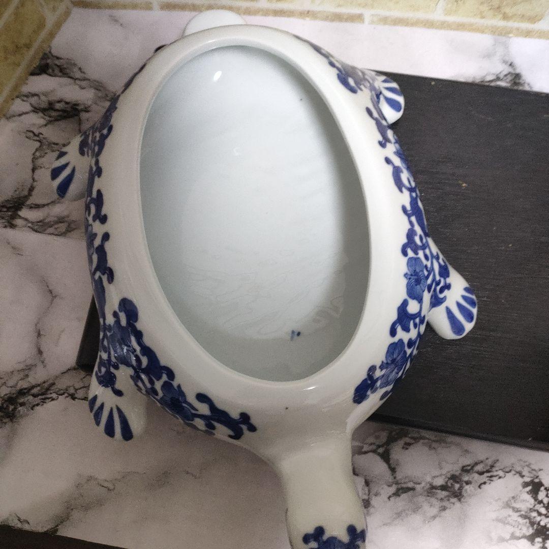 陶器製 染付 唐草 亀 タートル 親子 蓋物 小物入れ 大型サイズ