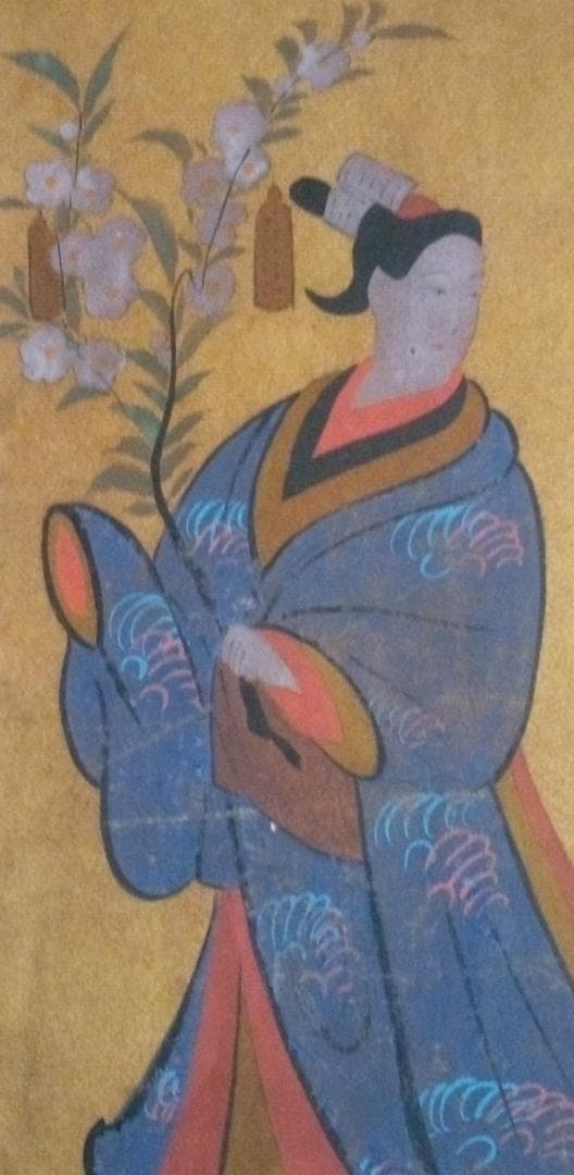 模写大津絵、花を持つ女性、額付き