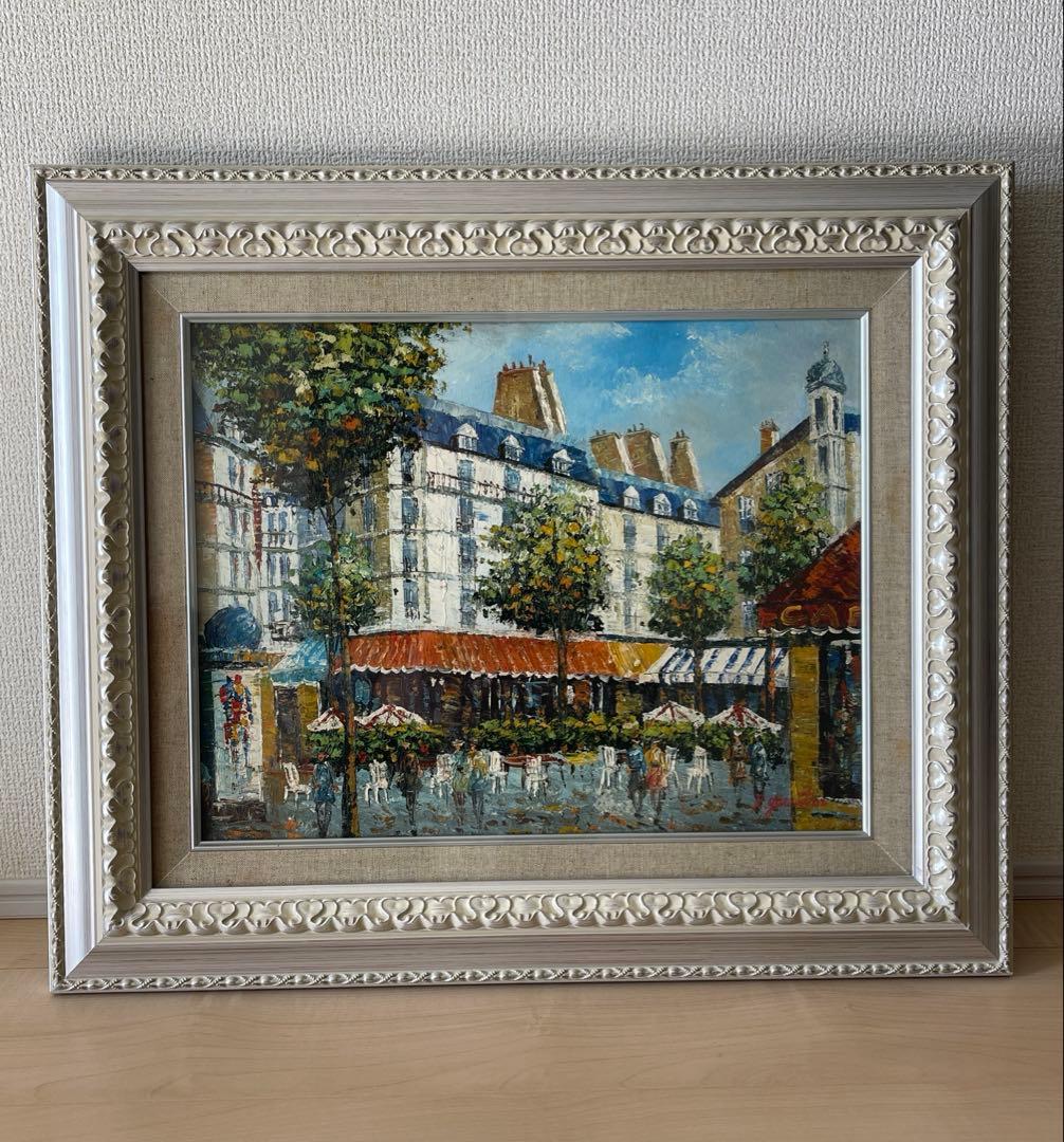 フランス　パリ　カフェ　街並みの風景　手書き油絵 額縁付き