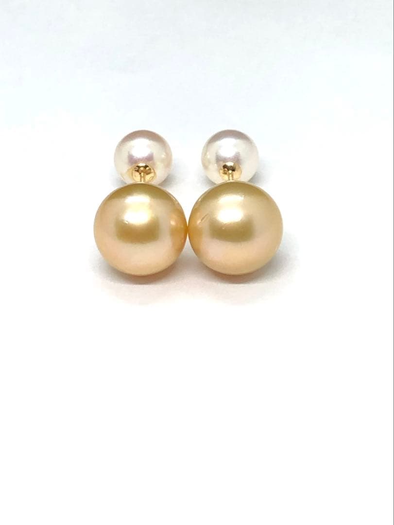 ゴールデンパールあこやダブルパールデザイン スタッドk18ピアス