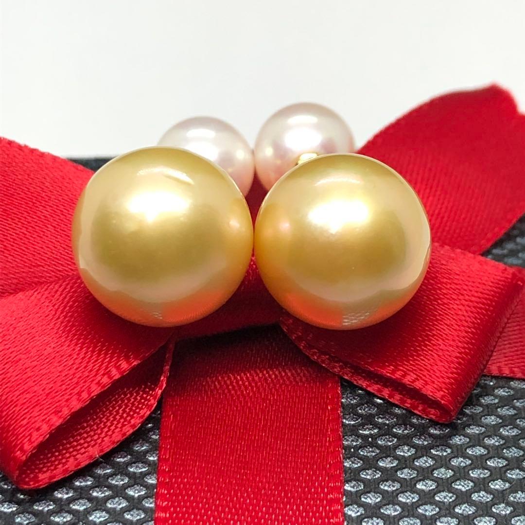 ゴールデンパールあこやダブルパールデザイン スタッドk18ピアス