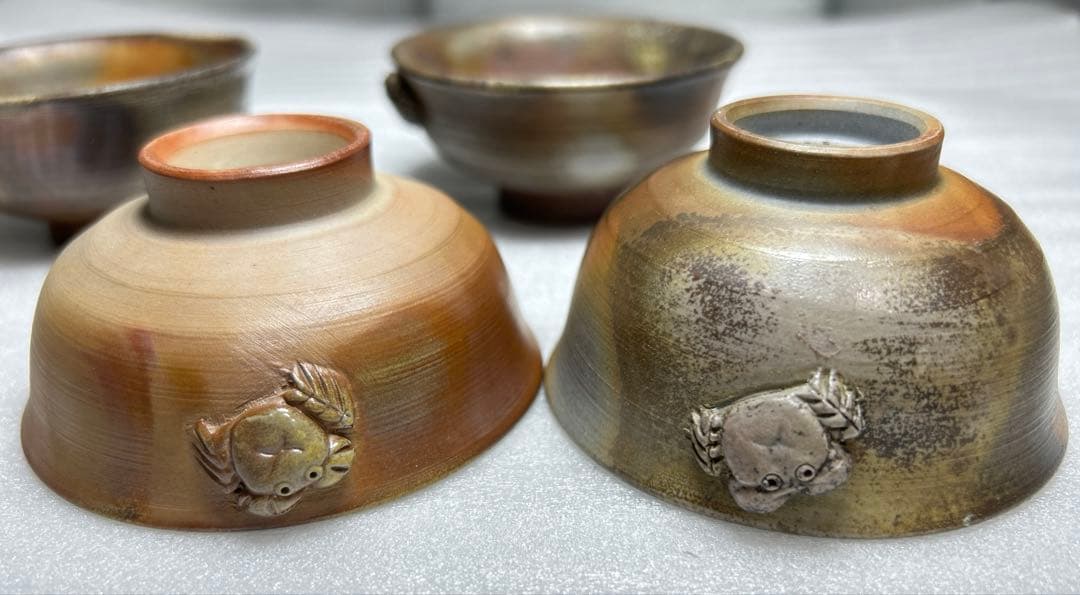 備前焼　盃　お猪口　小西陶古造　窯変細工浮彫 『蟹』　4個セット