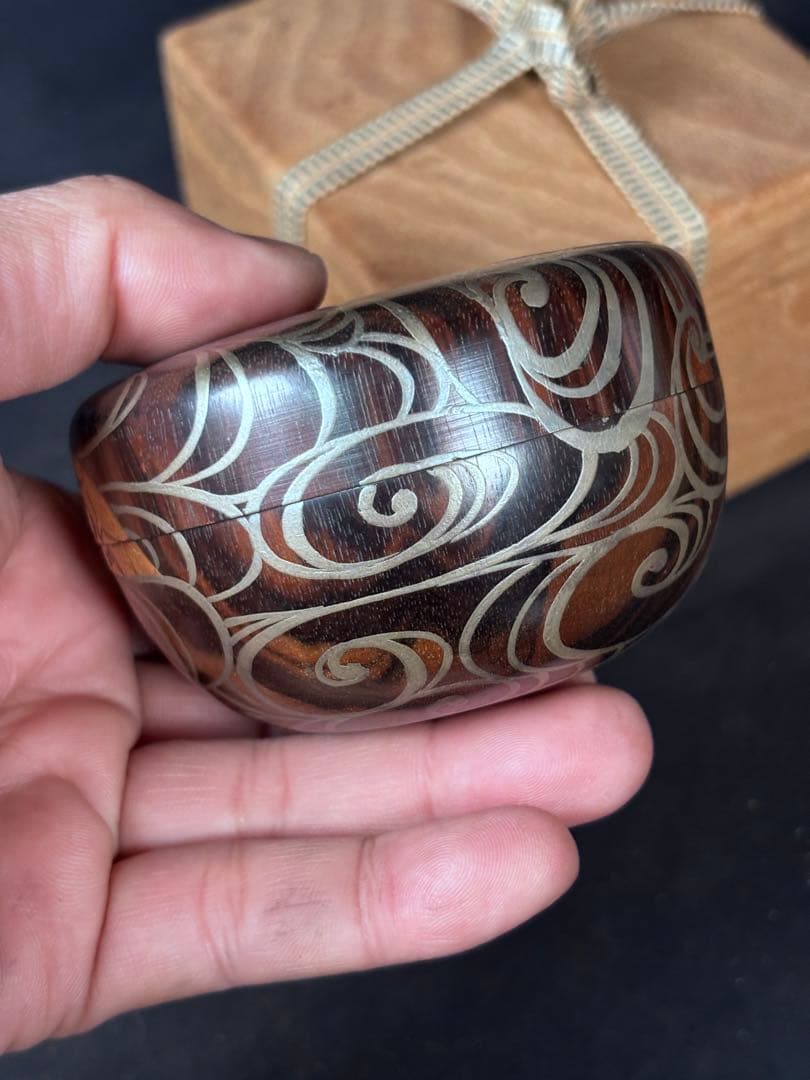 送料無料　棗　平棗　木地　嶋黒檀　黒柿？　和骨董　水車　蒔絵　茶道具　仕覆付き