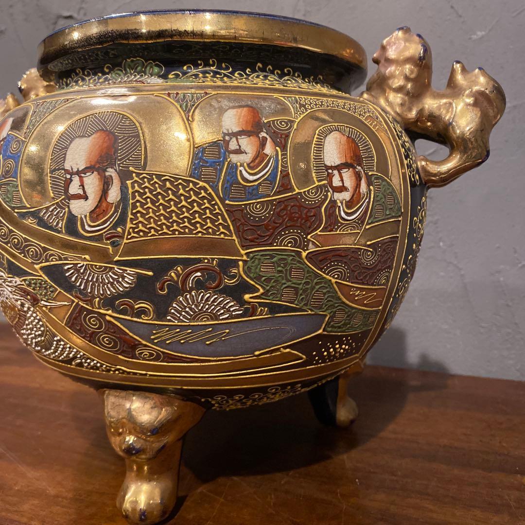 京薩摩 香炉 金襴手 古美術 骨董品 コレクション 置物 狛犬
