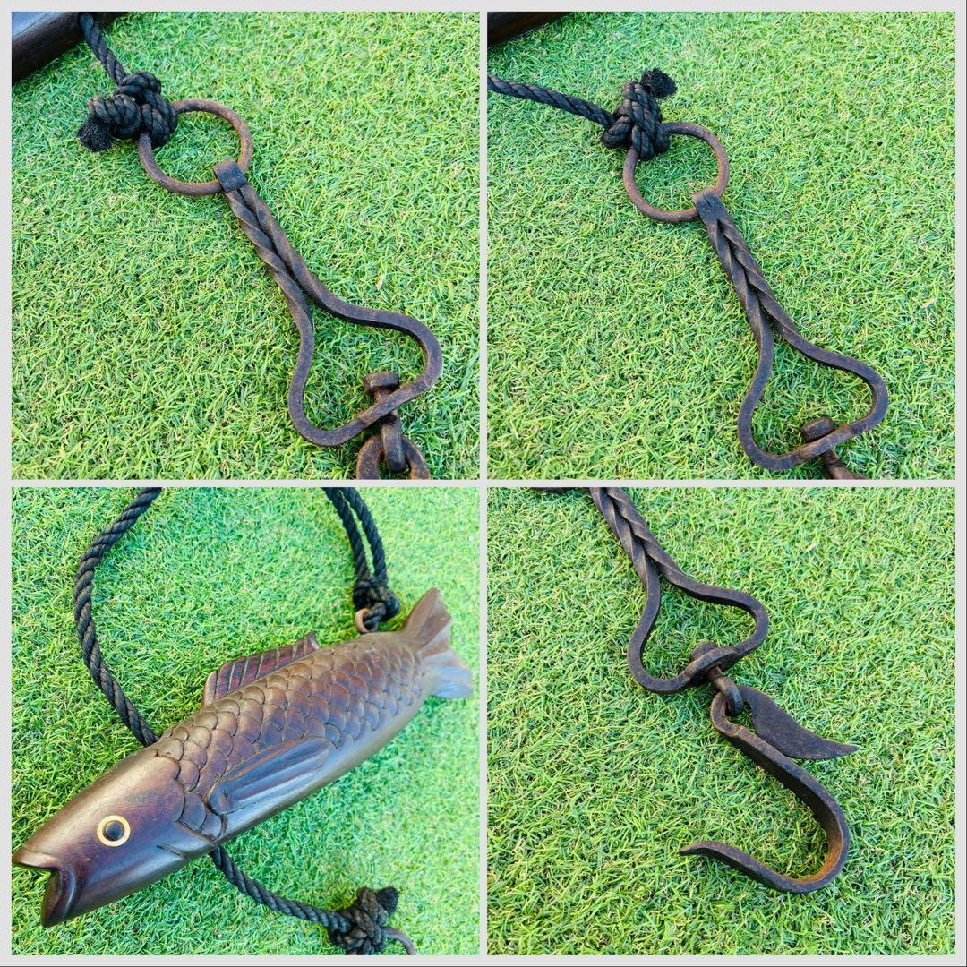 囲炉裏　自在鉤　分銅　囲炉裏小道具　天秤棒　堀如真 銅製 鯉型 風鎮　栓抜き