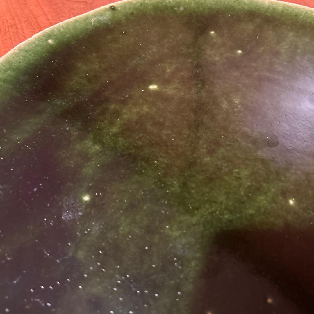 新品◆④織部焼　森脇　文直作　緑色の陶器製丸皿大皿35.5cm