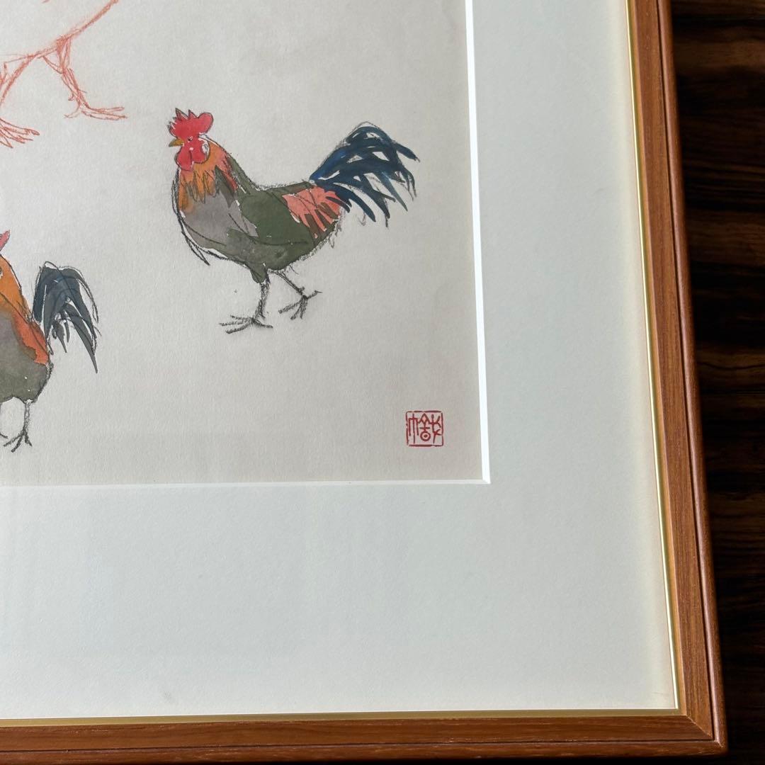 尾山幟 日展用スケッチ 日本画 額装 鶏 額装 日展評議員 B
