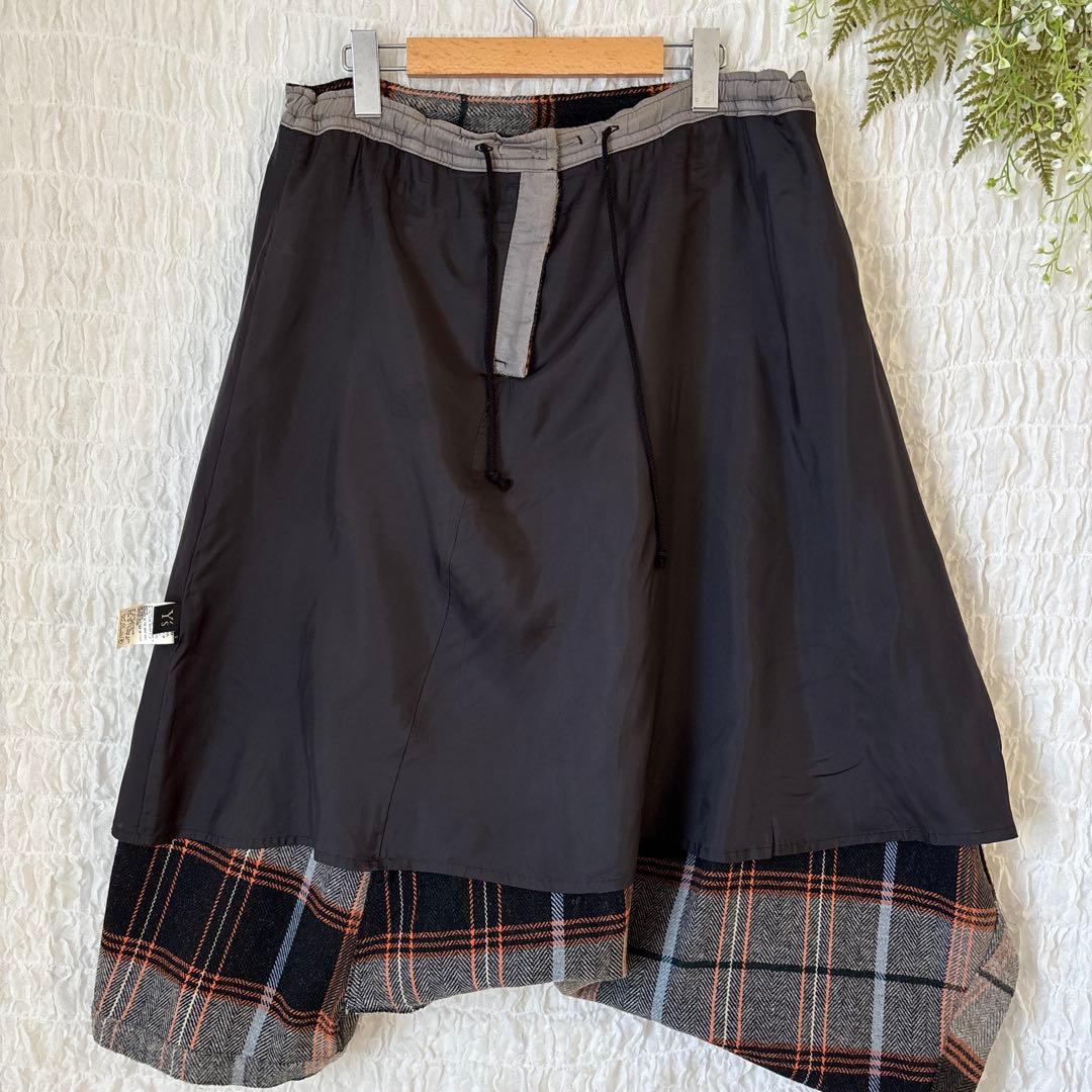 Y's ワイズ 変形 サルエルパンツ ウール チェック アシンメトリー 日本製
