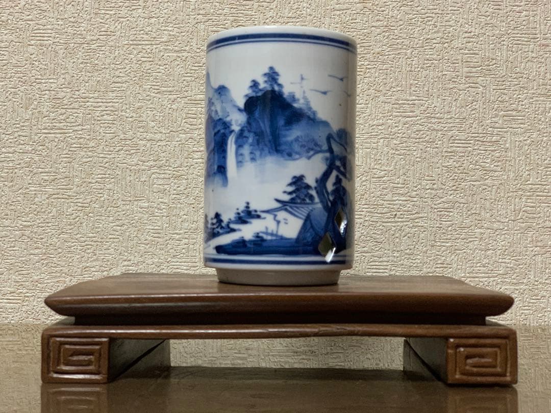 アンティーク シノワズリ　中国清朝中期　　白磁染付　透かし彫り　青花　筆立