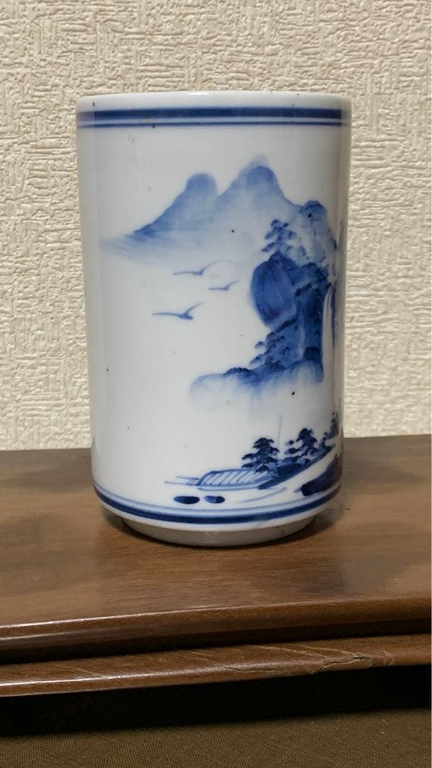 アンティーク シノワズリ　中国清朝中期　　白磁染付　透かし彫り　青花　筆立