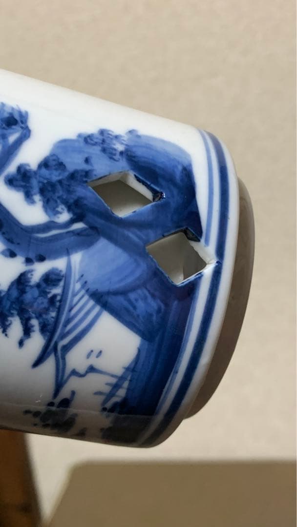 アンティーク シノワズリ　中国清朝中期　　白磁染付　透かし彫り　青花　筆立