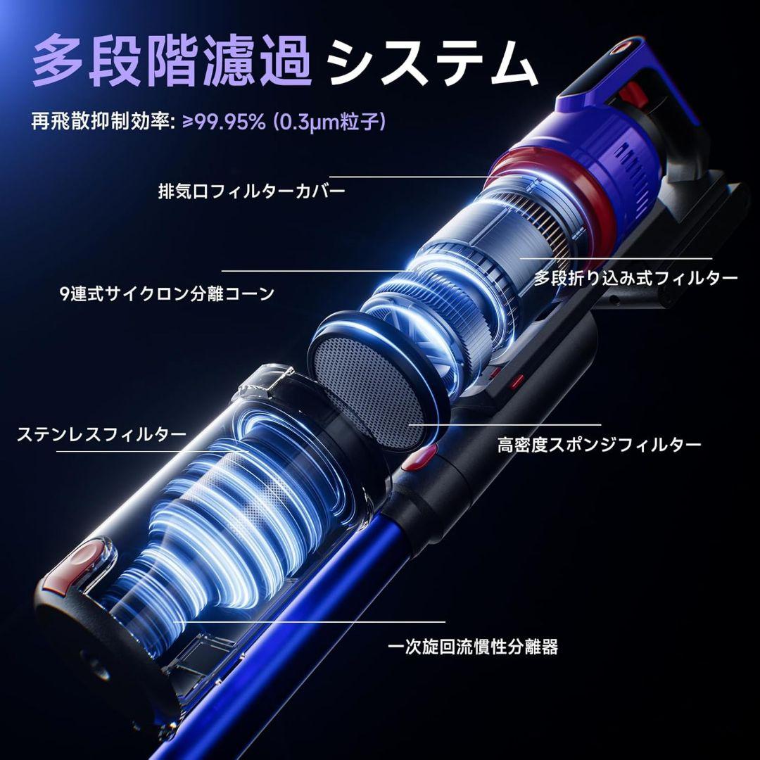 掃除機 コードレス 75kPa 強力吸引　55分連続稼働　自立式 軽量　LED