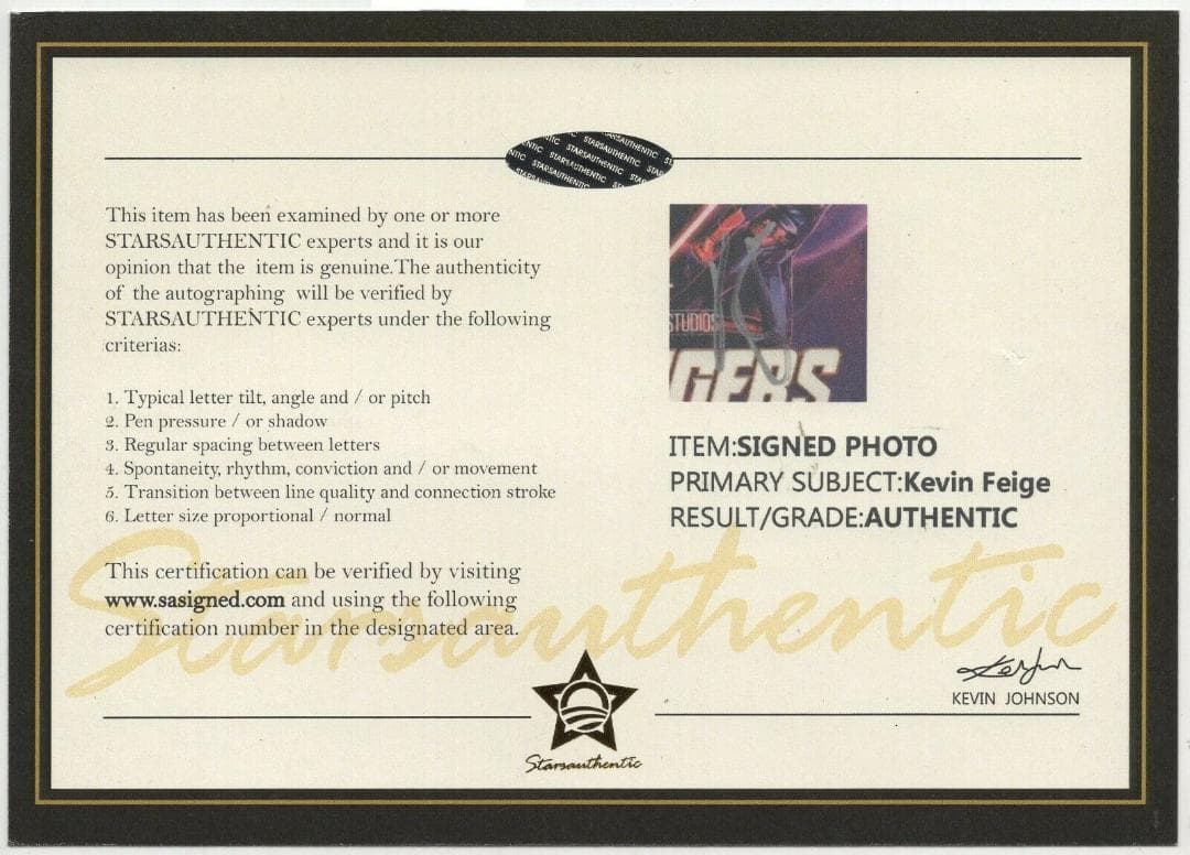 直筆サイン入り写真 ケヴィン・ファイギ アベンジャーズ/エンドゲームSA鑑定済