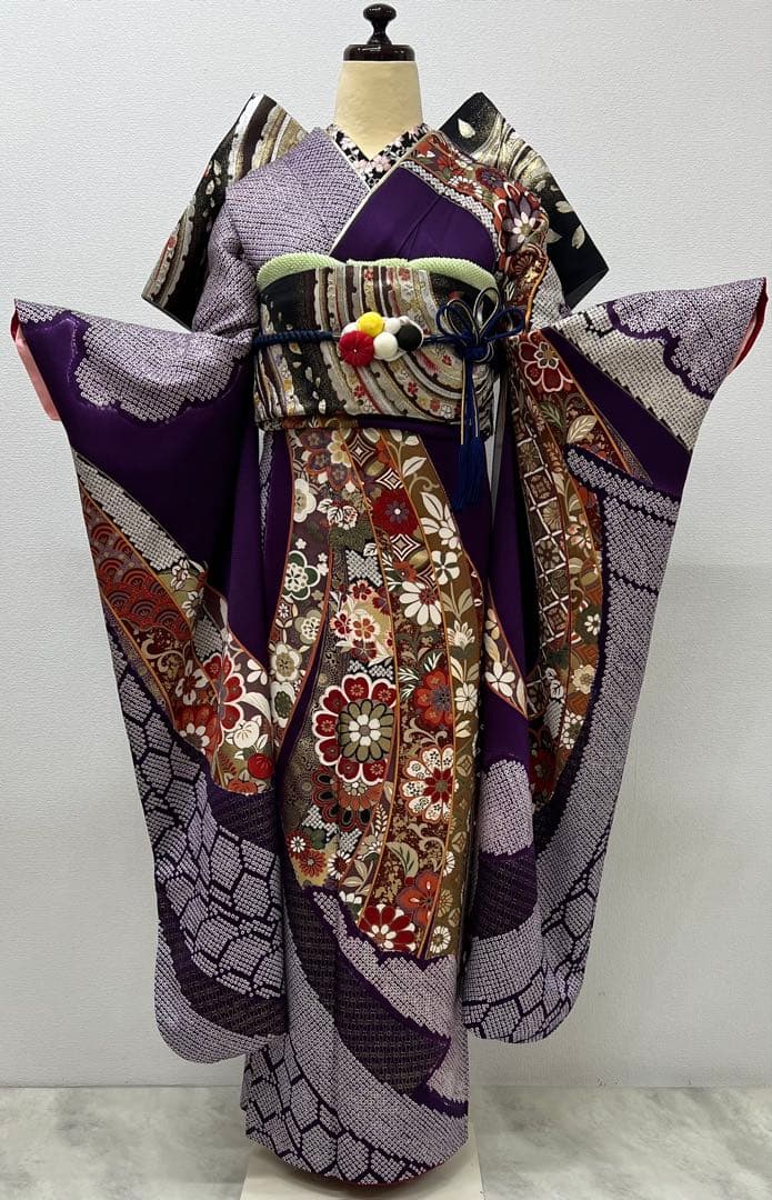 振り袖　フルセット　長襦袢　成人式　金彩加工　絞り　熨斗目　長尺袋帯　734