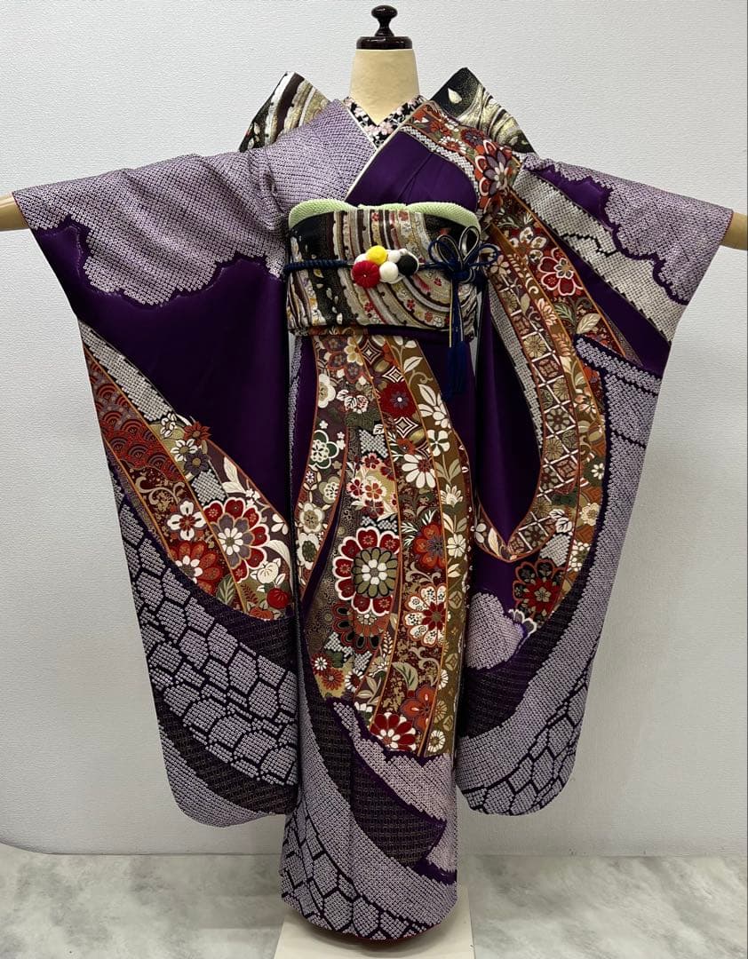 振り袖　フルセット　長襦袢　成人式　金彩加工　絞り　熨斗目　長尺袋帯　734