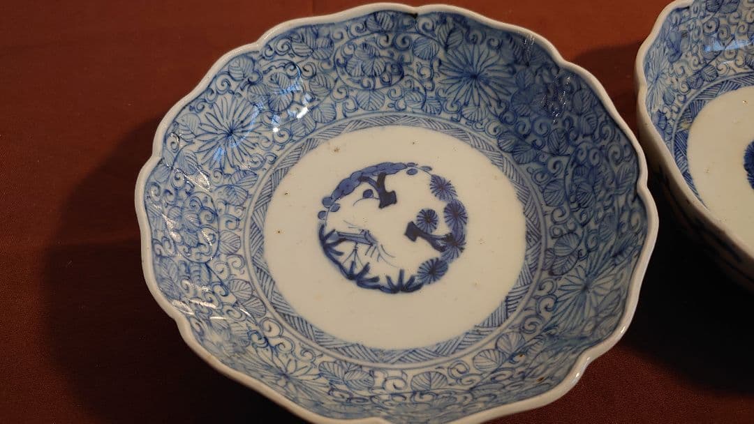 古伊万里　蛸唐草　微塵唐草　染付　成化年製　アンティーク古伊万里　江戸期　2客