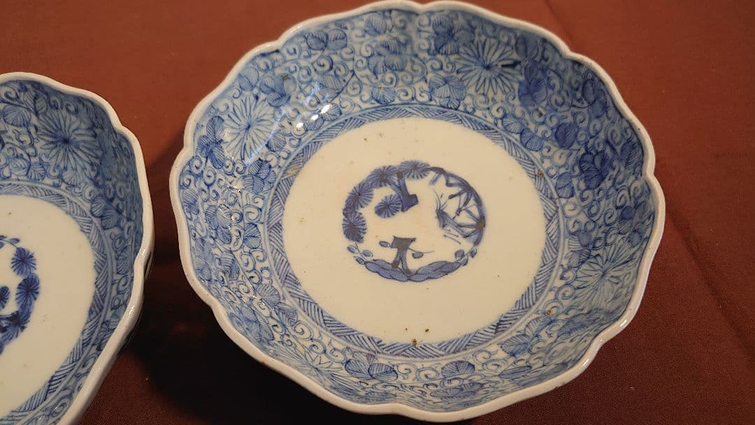 古伊万里　蛸唐草　微塵唐草　染付　成化年製　アンティーク古伊万里　江戸期　2客