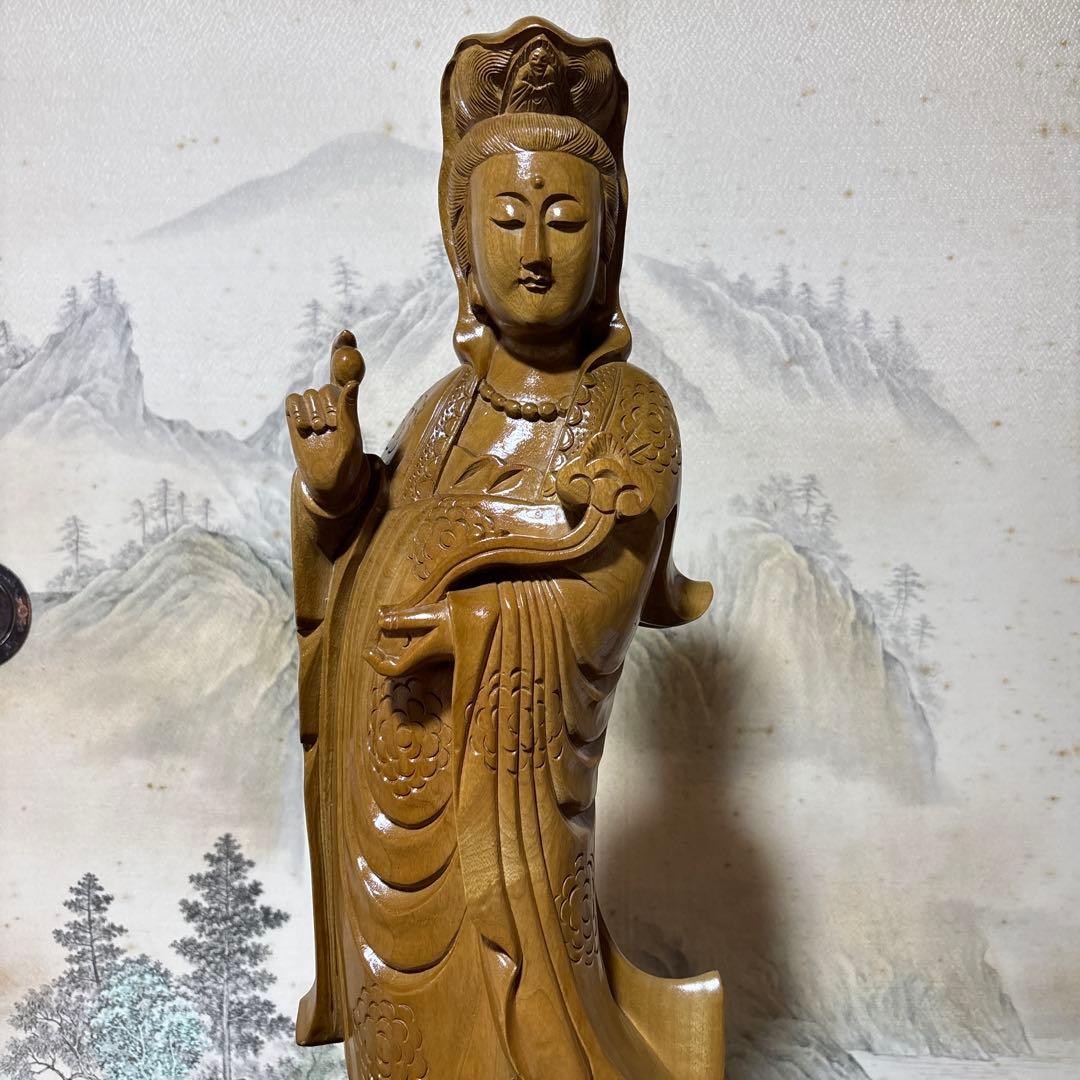 大型 観音菩薩 木彫　仏像 彫刻　開運　風水　置物　縁起物　インテリア　如意持ち