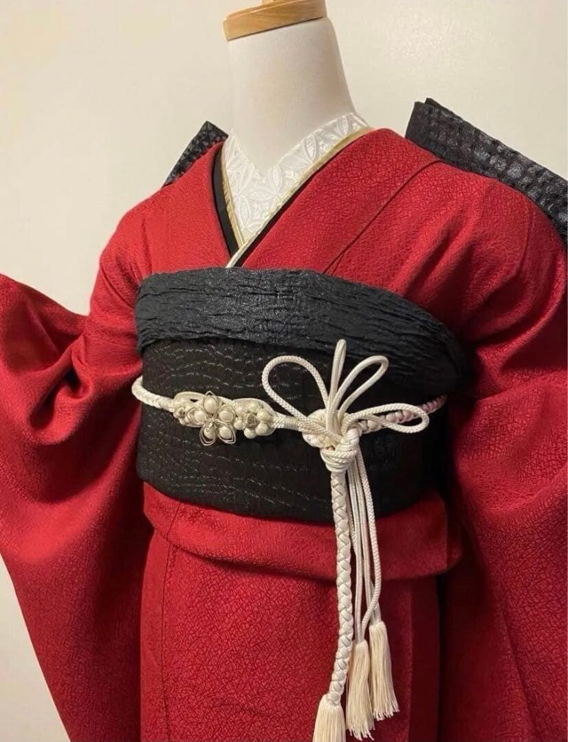 振袖フルセット　地紋　成人式　色無地振袖　赤　　黒　正絹　振袖6点セット