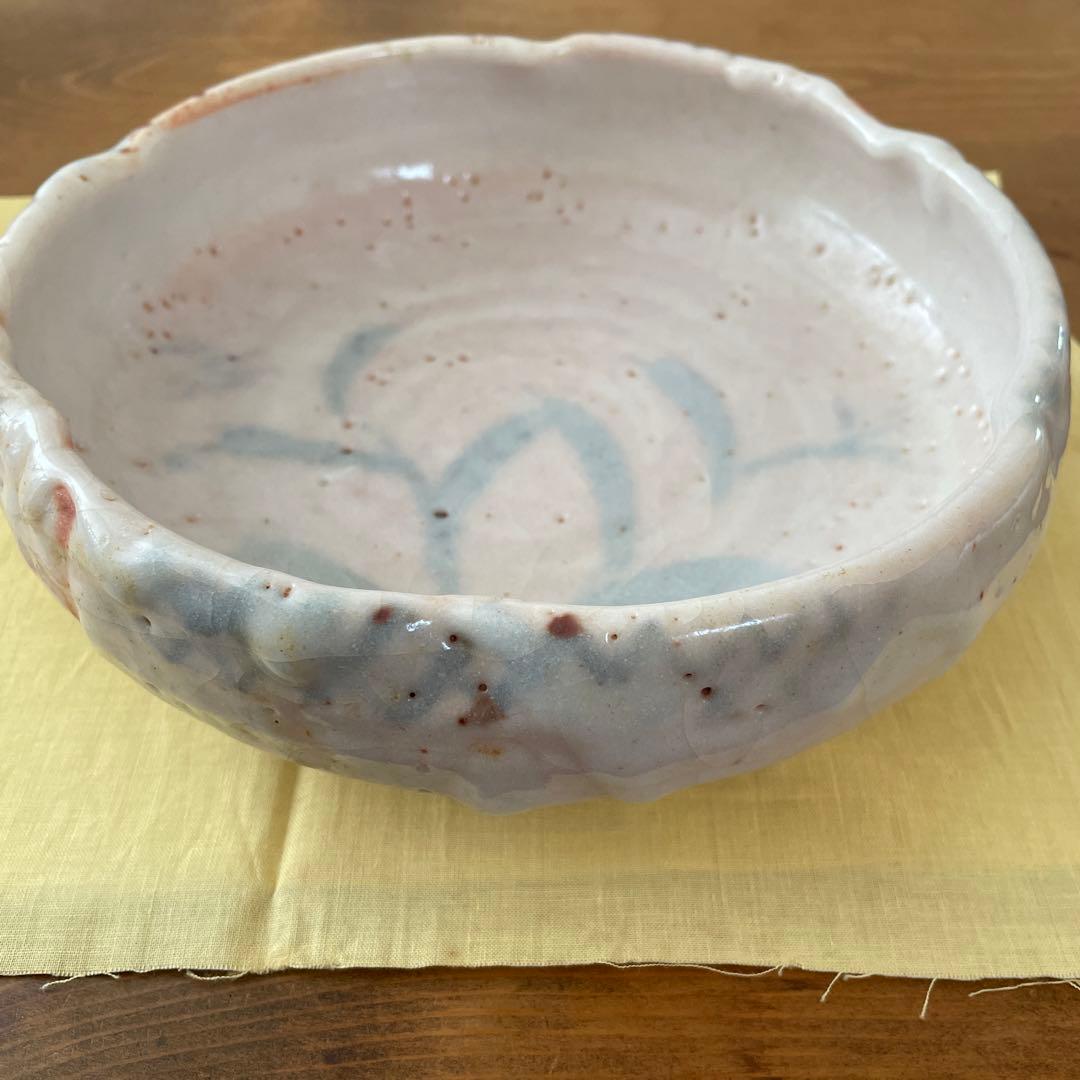 【銘あり】作家物？ 陶芸 銘『雪窓枝三河窯』共布付 志野風 鉢