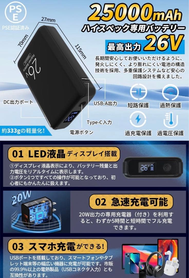 エアコン作業服26Vファンバッテリーセット、2024年型 25000mAh