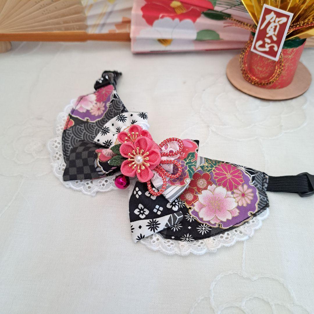 お正月仕様和風つまみ細工(黒①)わんちゃん猫ちゃん用襟つき首輪