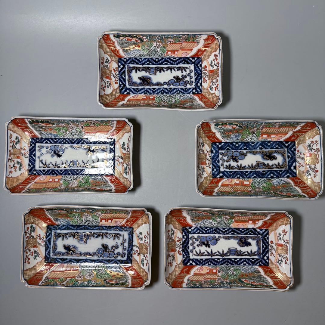 幕末〜明治期　上手　色絵風景画長皿　五客　絢爛豪華　緻密な絵付　古器を楽しむ