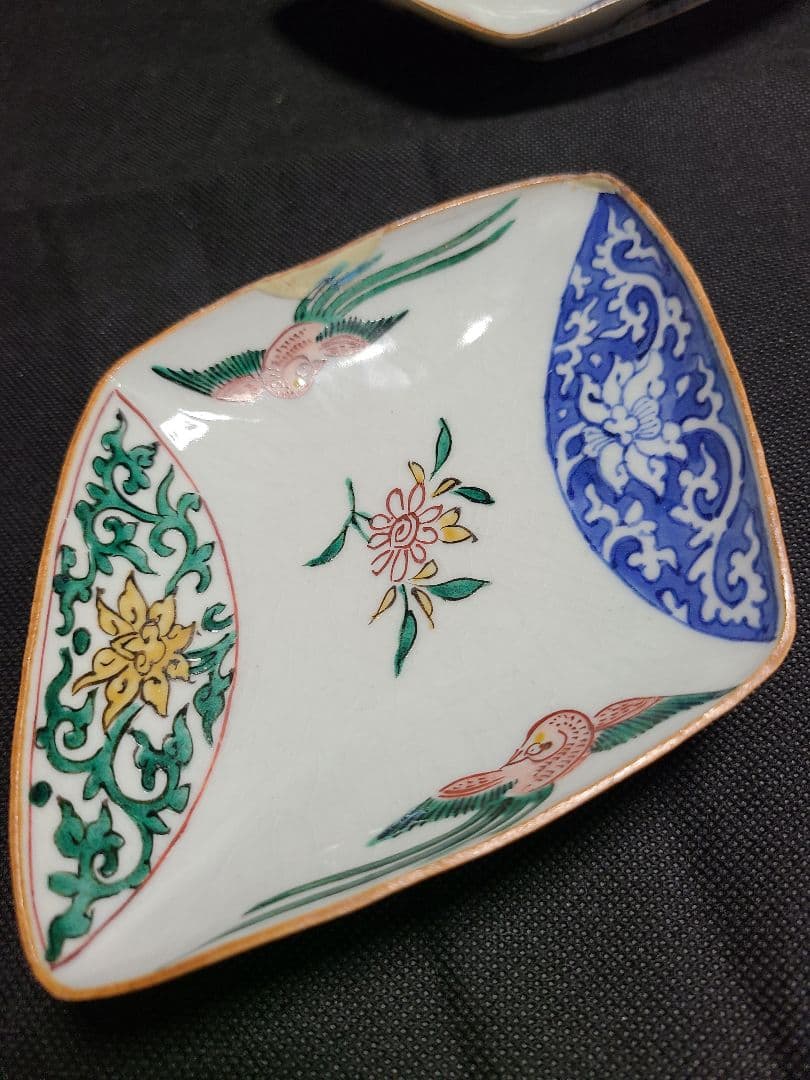 九谷焼初代須田菁華古九谷色絵菱形皿5枚