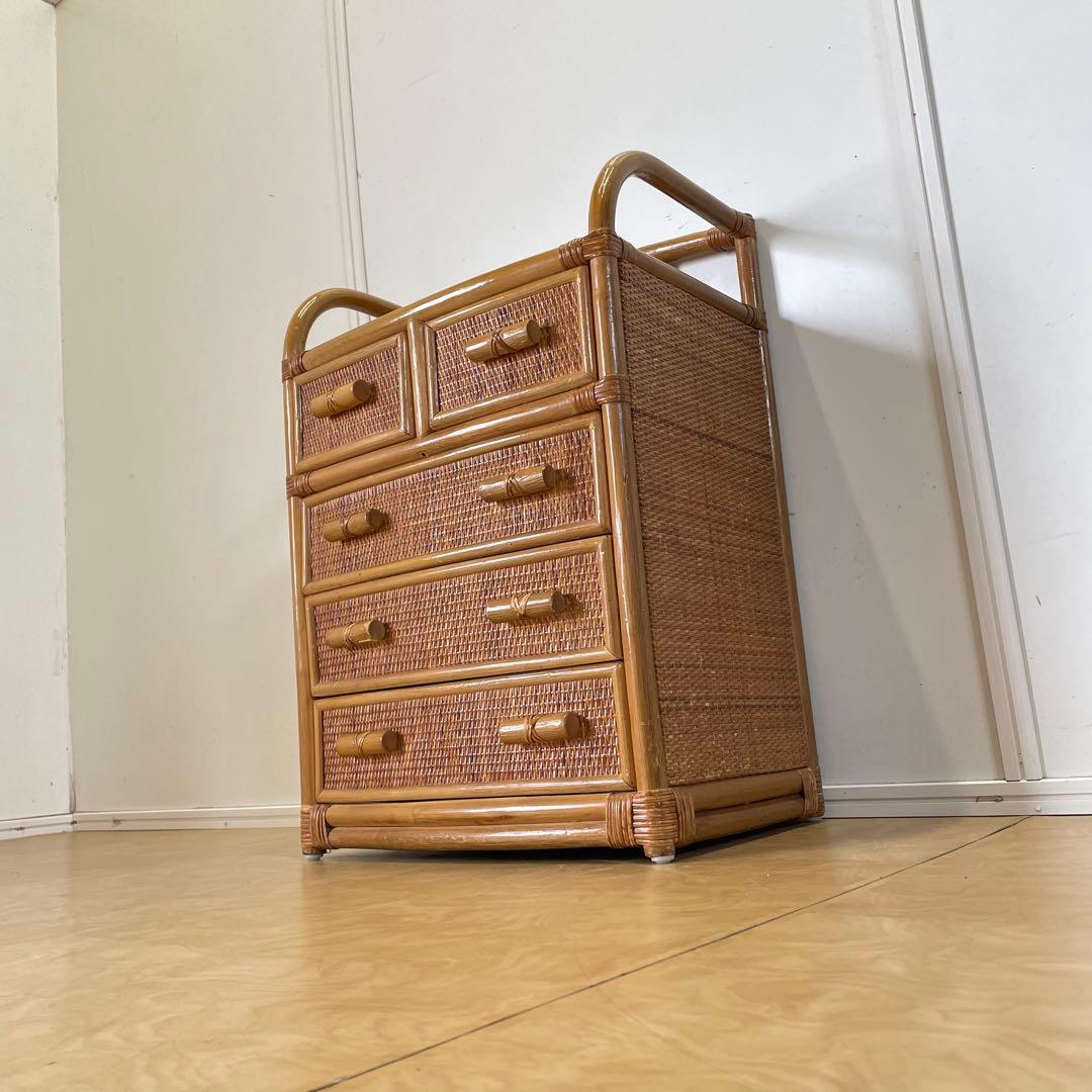 籐 ラタン 4段チェスト② 引き出し 収納 タンス 箪笥 電話台 ビンテージ