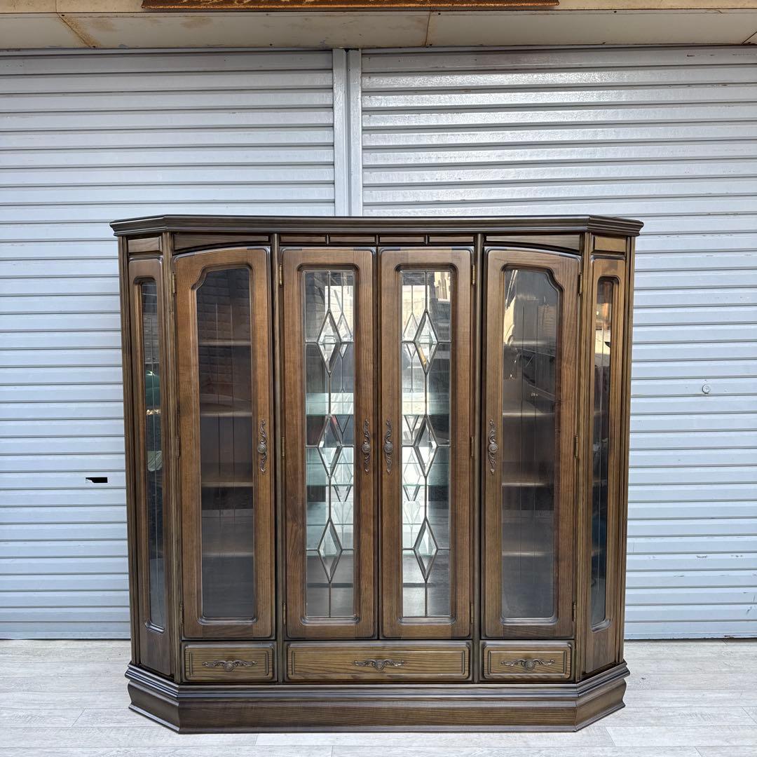 希少ヴィンテージ 旭川純木工芸　いさみや　ステンドグラス　飾り棚　キャビネット