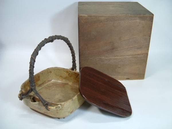 菓子鉢■古い手持ち菓子器 片口 布目 二代 弘法 七十 造之 三つ足 時代骨董■