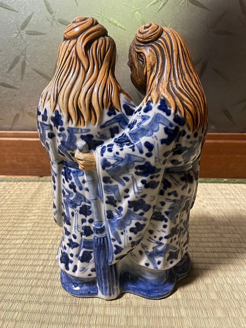 江戸期 寒山十律染付人物 置物