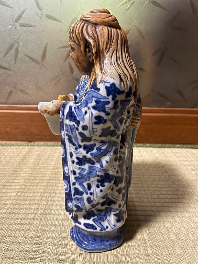 江戸期 寒山十律染付人物 置物