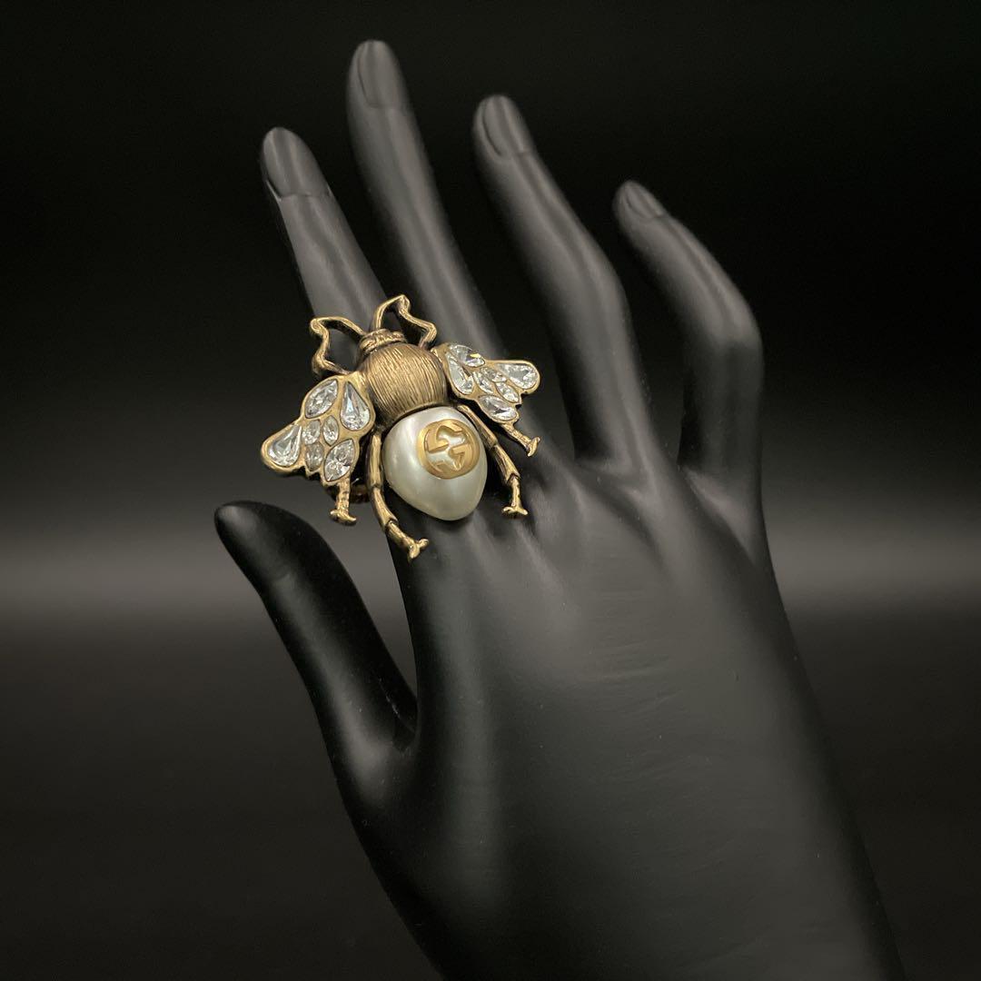 良品　グッチ リング インターロッキング 蜂 ビー パール ストーン 9号　指輪