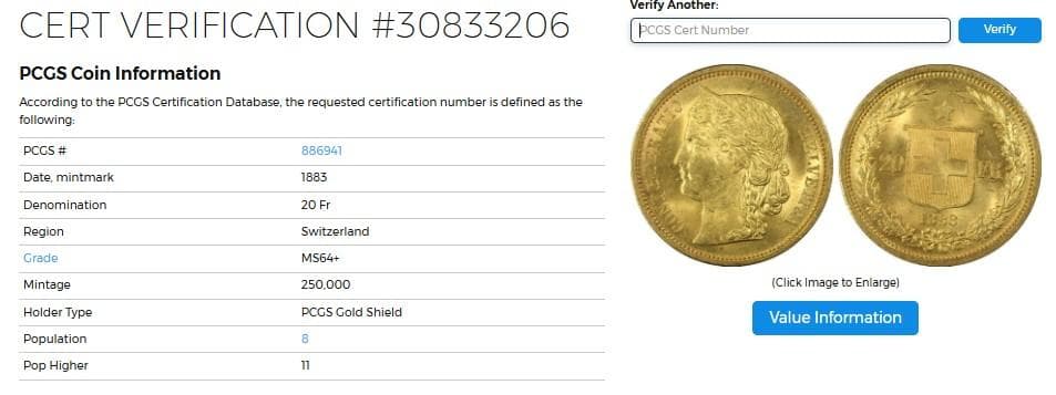 アルプスの少女ブレネリ★1883年スイス 20Fr 金貨 PCGS MS64+