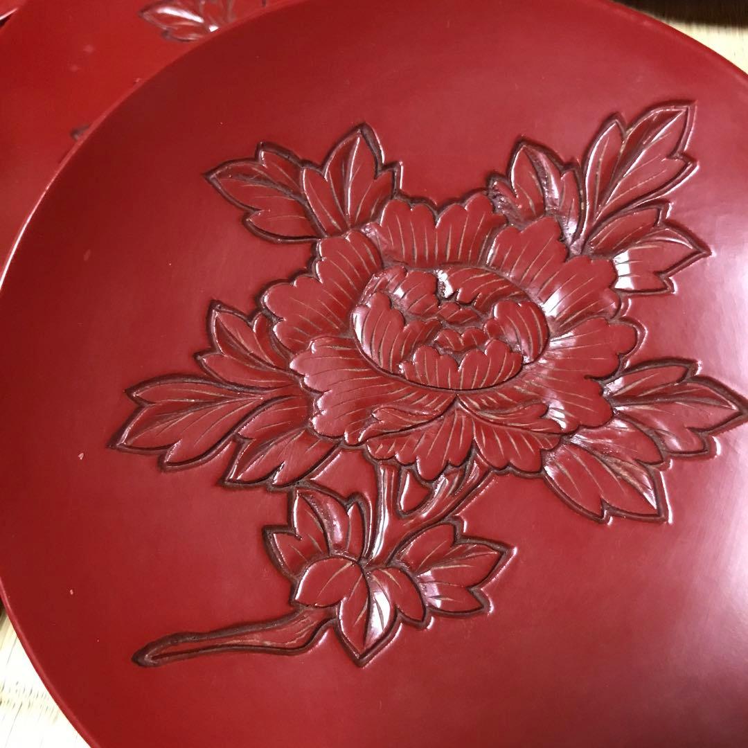 新潟県無形文化財指定　堆朱銘々皿　五枚揃い