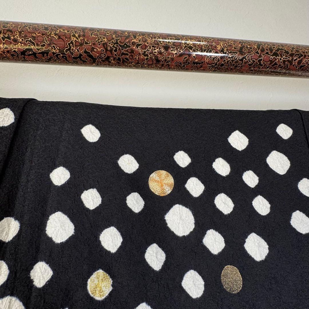超美品　正絹　袷　訪問着　着物　164裄68 黒　絞り　小玉　金刺繍　トール