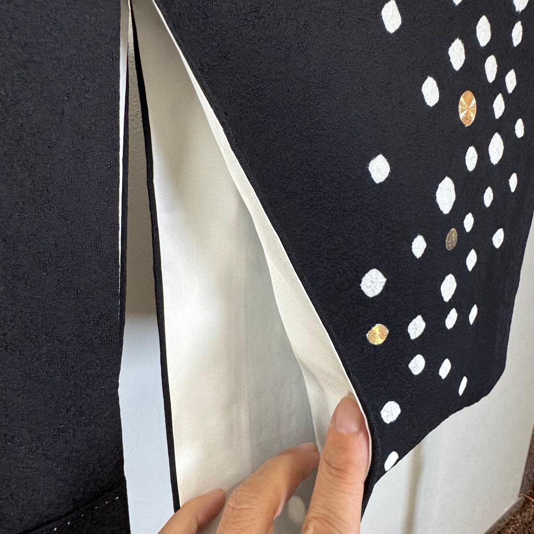 超美品　正絹　袷　訪問着　着物　164裄68 黒　絞り　小玉　金刺繍　トール