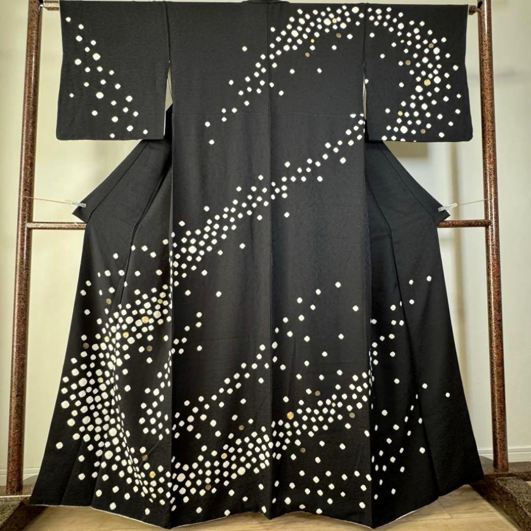 超美品　正絹　袷　訪問着　着物　164裄68 黒　絞り　小玉　金刺繍　トール