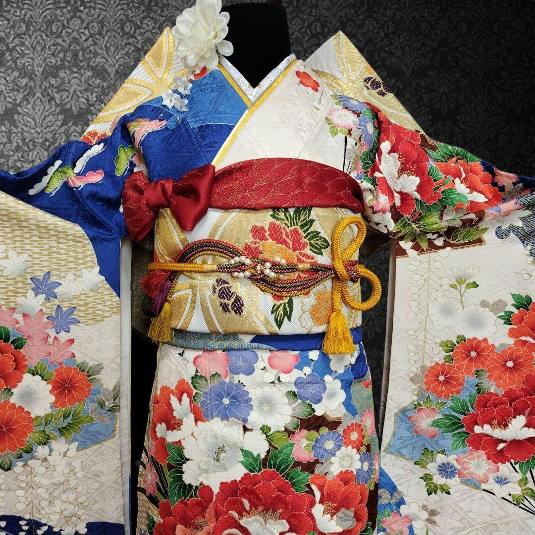 振袖フルセット(7点)・成人式・豪華牡丹刺繍・金彩加工・暈し染め・地紋・逸品