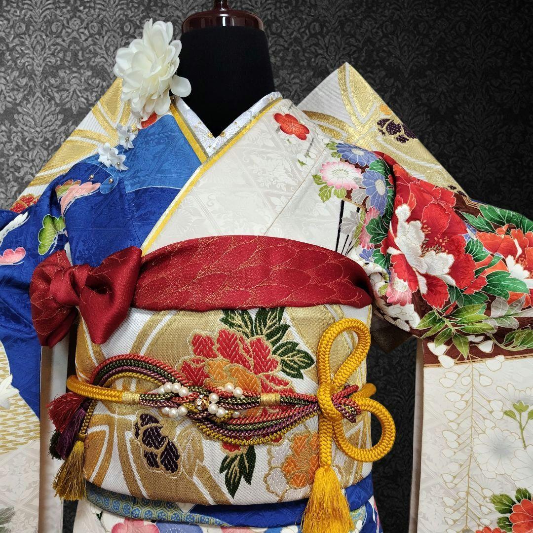 振袖フルセット(7点)・成人式・豪華牡丹刺繍・金彩加工・暈し染め・地紋・逸品