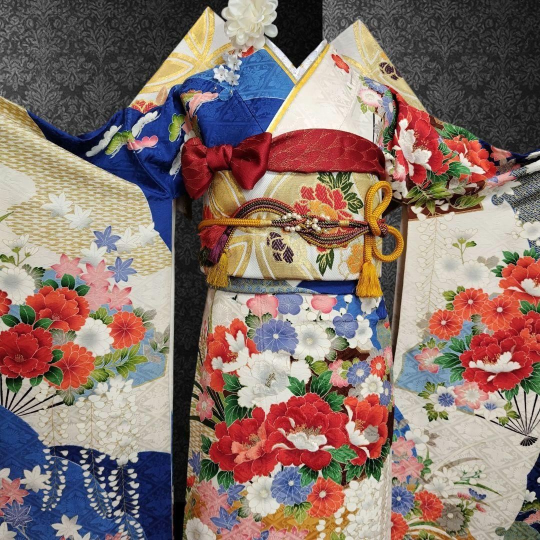 振袖フルセット(7点)・成人式・豪華牡丹刺繍・金彩加工・暈し染め・地紋・逸品