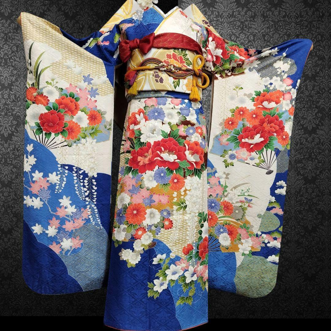 振袖フルセット(7点)・成人式・豪華牡丹刺繍・金彩加工・暈し染め・地紋・逸品