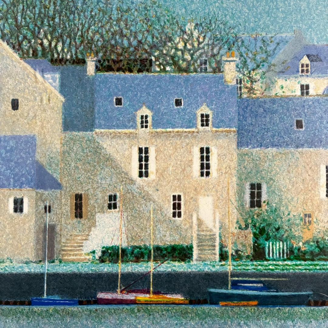 アンドレ・ブーリエ「ブルーの屋根」リトグラフ 直筆サイン入 点描画