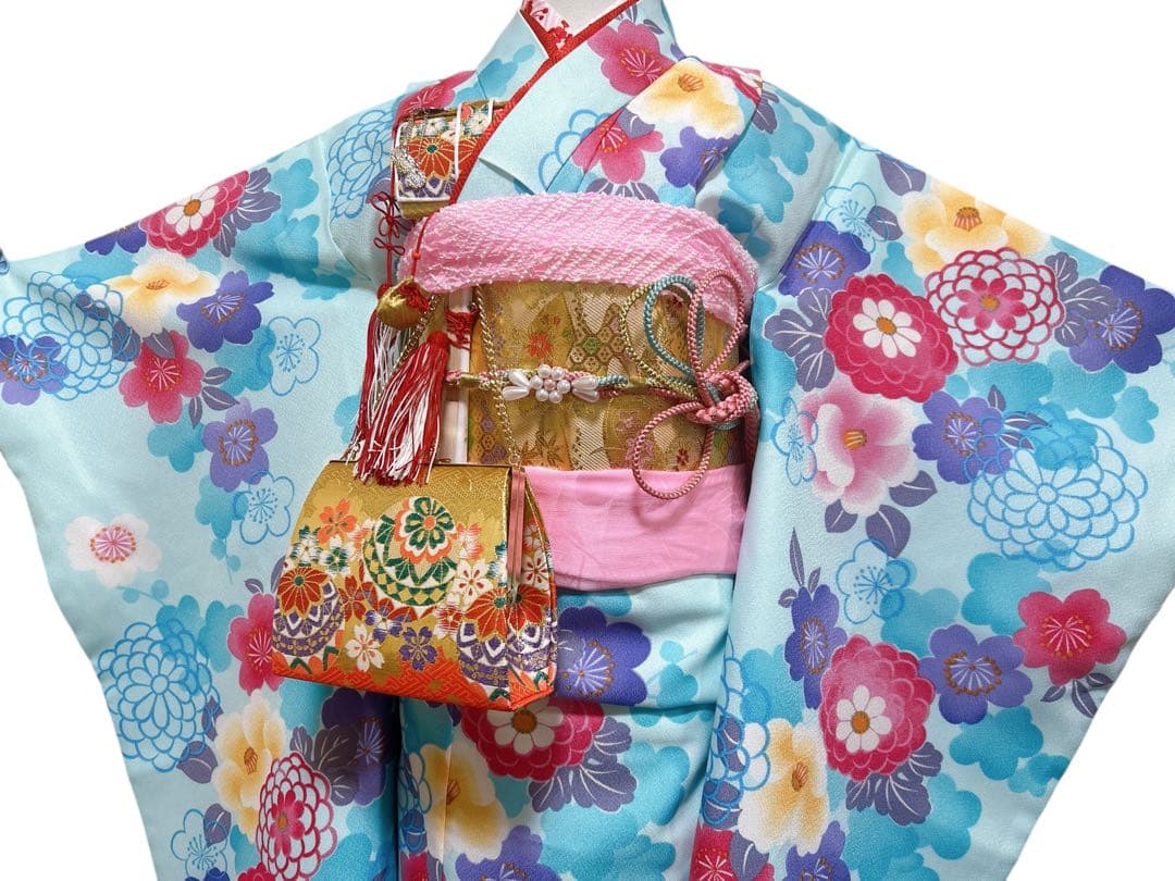 人気の水色♡七五三　7歳　女の子　セット　一式　ピンク　ゴールド　パール付帯締め