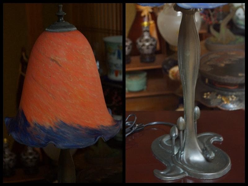 大型古風ステンドグラスランプ  花形テーブルランプ 卓上照明 高さ67㎝★時代物