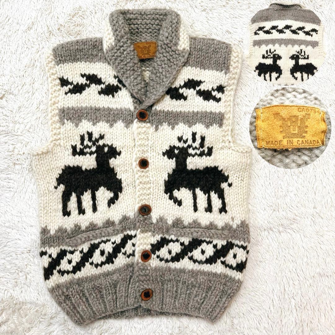 美品 希少 カナダ製 カウチンベスト メープルボタン トナカイ柄 XL相当