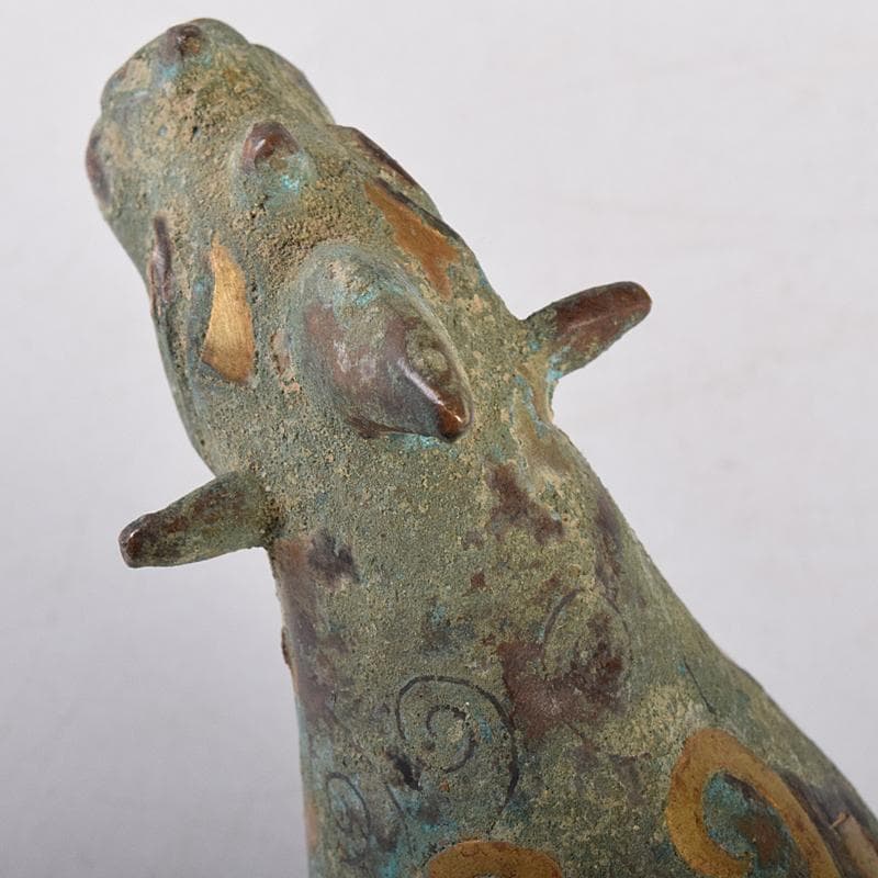 中国　青銅鍍金　金銀象嵌　神獣　置物　V　R8446