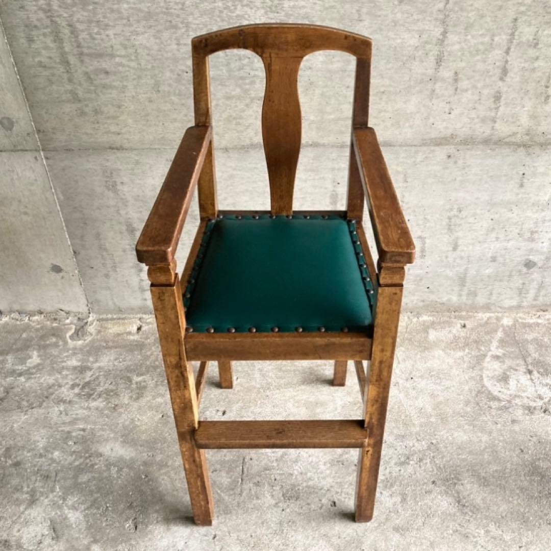古い味のある子供椅子 ハイチェア 木製 飾り台 緑色 家具 レトロ ヴィンテージ