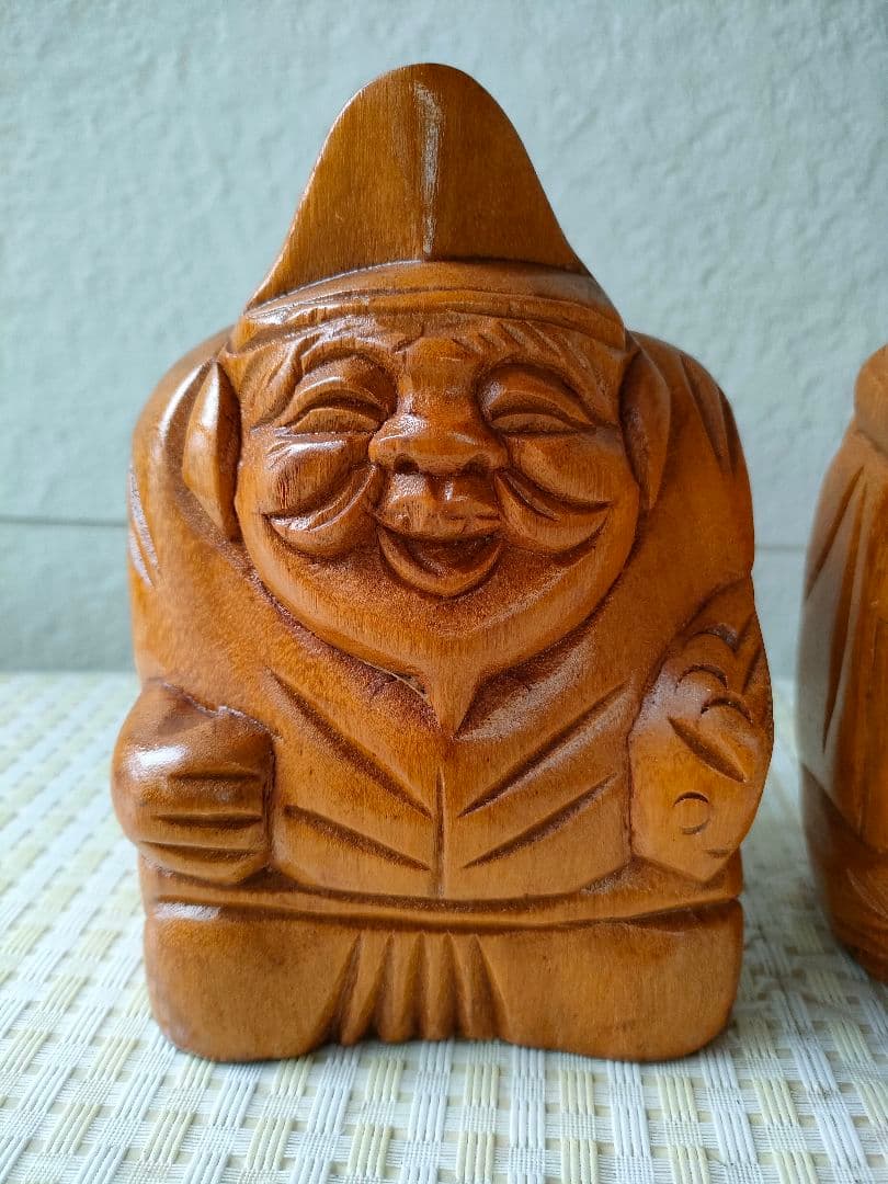 ●【希少・一対】木彫り 縁起人形 大黒天 恵比寿様 夫婦像 民芸 開運 商売繁盛